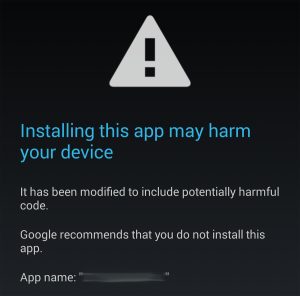 screenshot of malicious app install warning